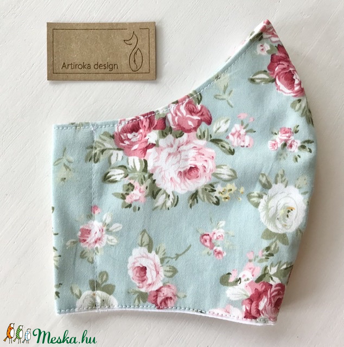 Türkiz színű, rózsa mintás  prémium pamut textil arcmaszk, szájmaszk, maszk -  Artiroka design - női - női - Meska.hu