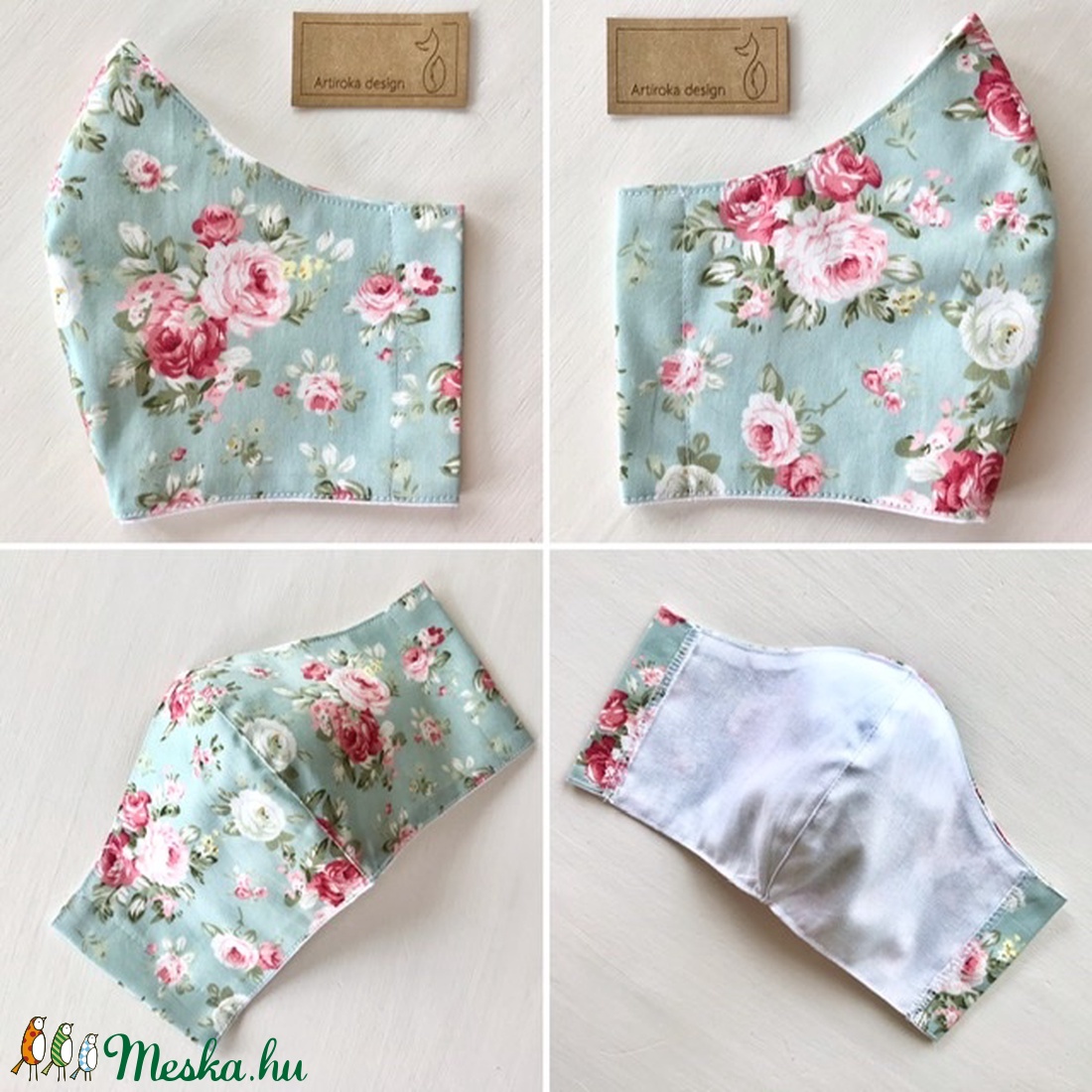 Türkiz színű, rózsa mintás  prémium pamut textil arcmaszk, szájmaszk, maszk -  Artiroka design - női - női - Meska.hu