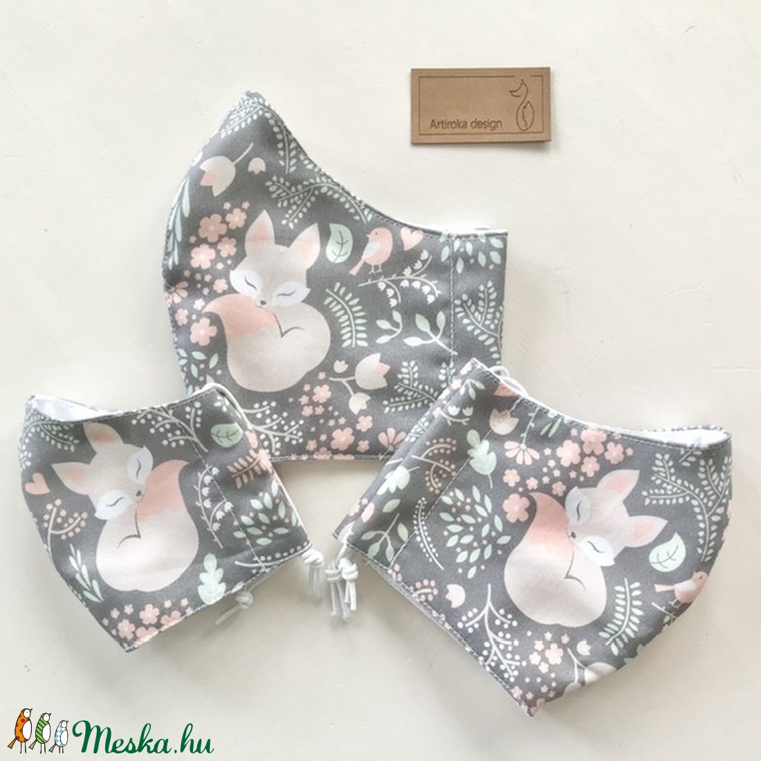 Prémium pamut textil, alvó kis róka, virág és madár mintás arcmaszk, szájmaszk, maszk - Artiroka design -  - Meska.hu