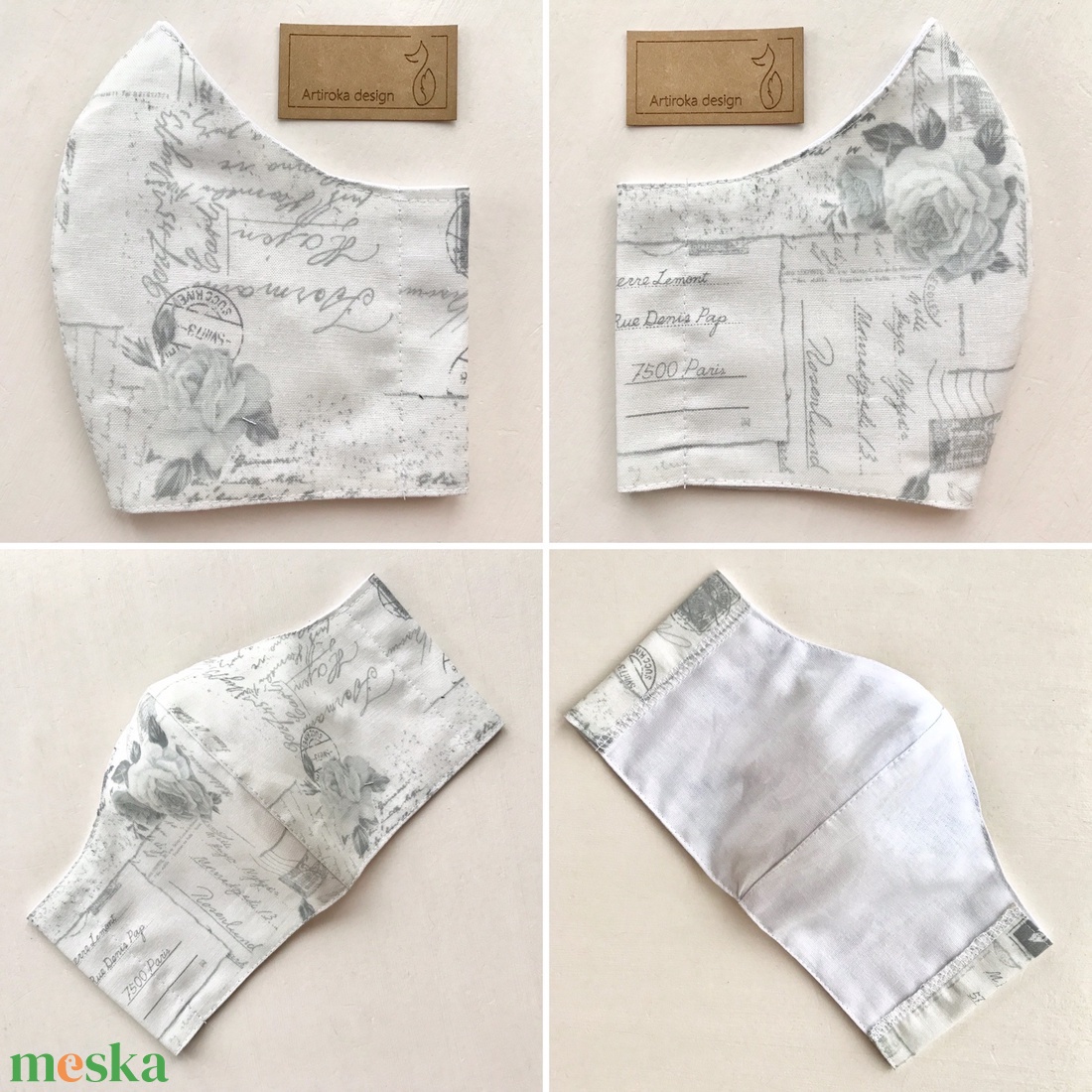 Rózsa mintás prémium pamut, törtfehér - pasztell szürke színű  arcmaszk, szájmaszk, maszk - S MÉRET- Artiroka design - női - női - Meska.hu