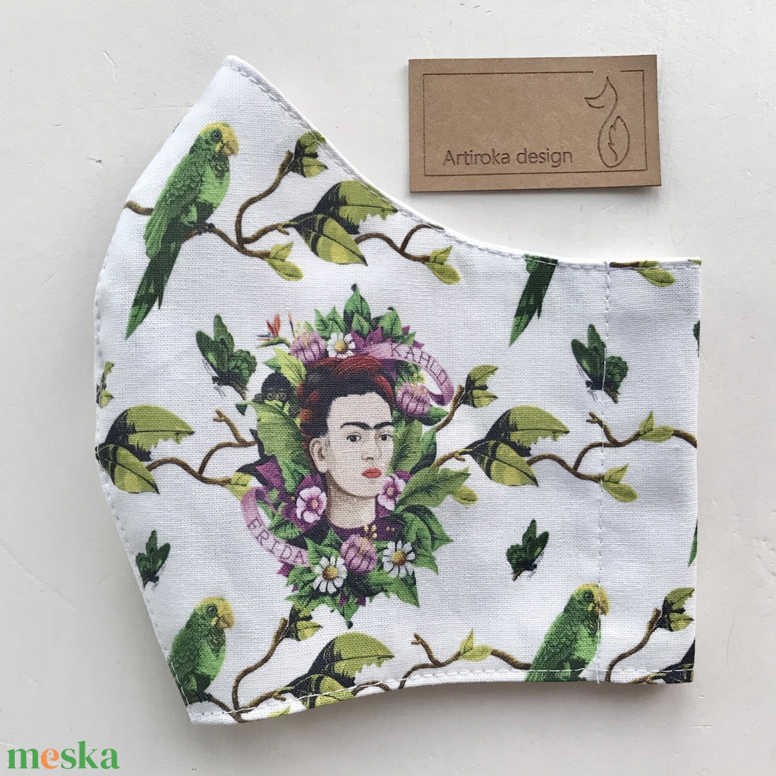 Frida Kahlo  és a papagájok -   prémium pamut textilből készült maszk - Mesedoboz  - Artiroka design  - maszk, arcmaszk - női - Meska.hu