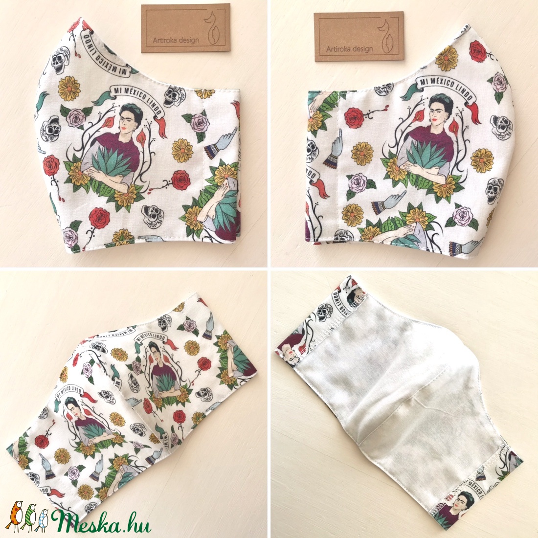Frida Kahlo  és a papagájok - prémium pamut textilből készült maszk AKCIÓ - Mesedoboz  - Artiroka design  - női - női - Meska.hu