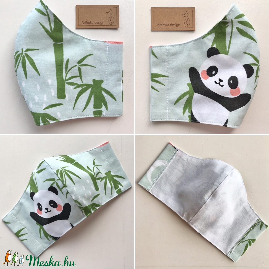 Panda mackó mintás pasztellzöld arcmaszk, szájmaszk, maszk, gyerekmaszk- Artiroka design - női - női - Meska.hu