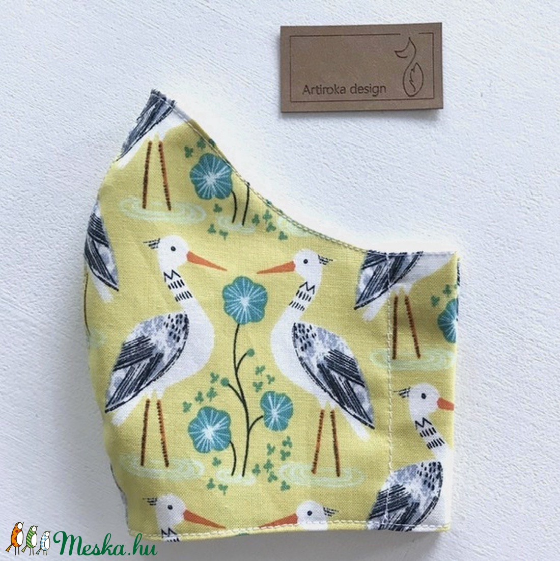 Gólya mintás prémium pamut textil, napsárga színű arcmaszk, szájmaszk, maszk - Artiroka design - férfi & uniszex - férfi & uniszex - Meska.hu