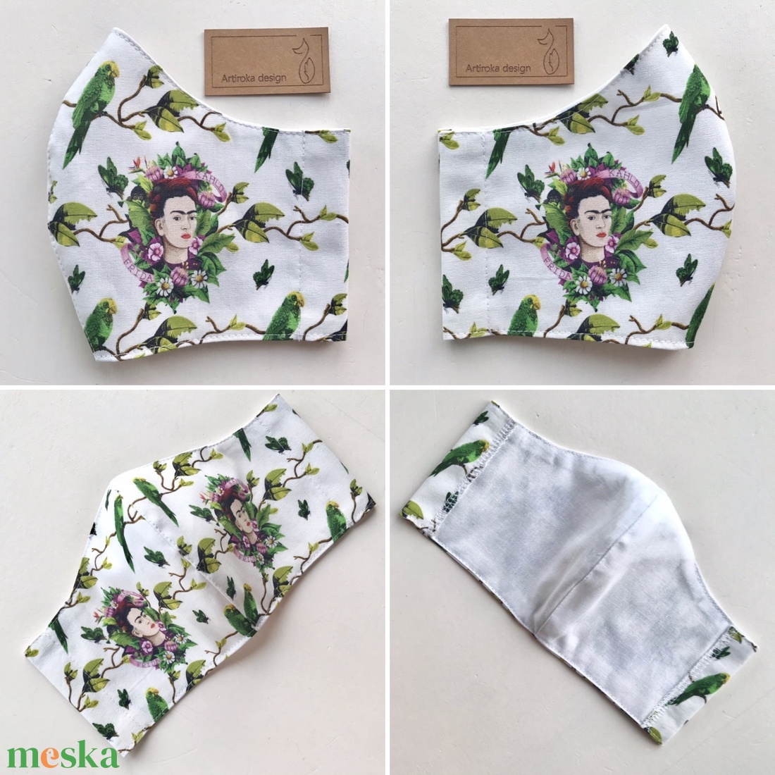 Frida Kahlo  és a papagájok -   prémium pamut textilből készült maszk - Mesedoboz  - Artiroka design  - női - női - Meska.hu
