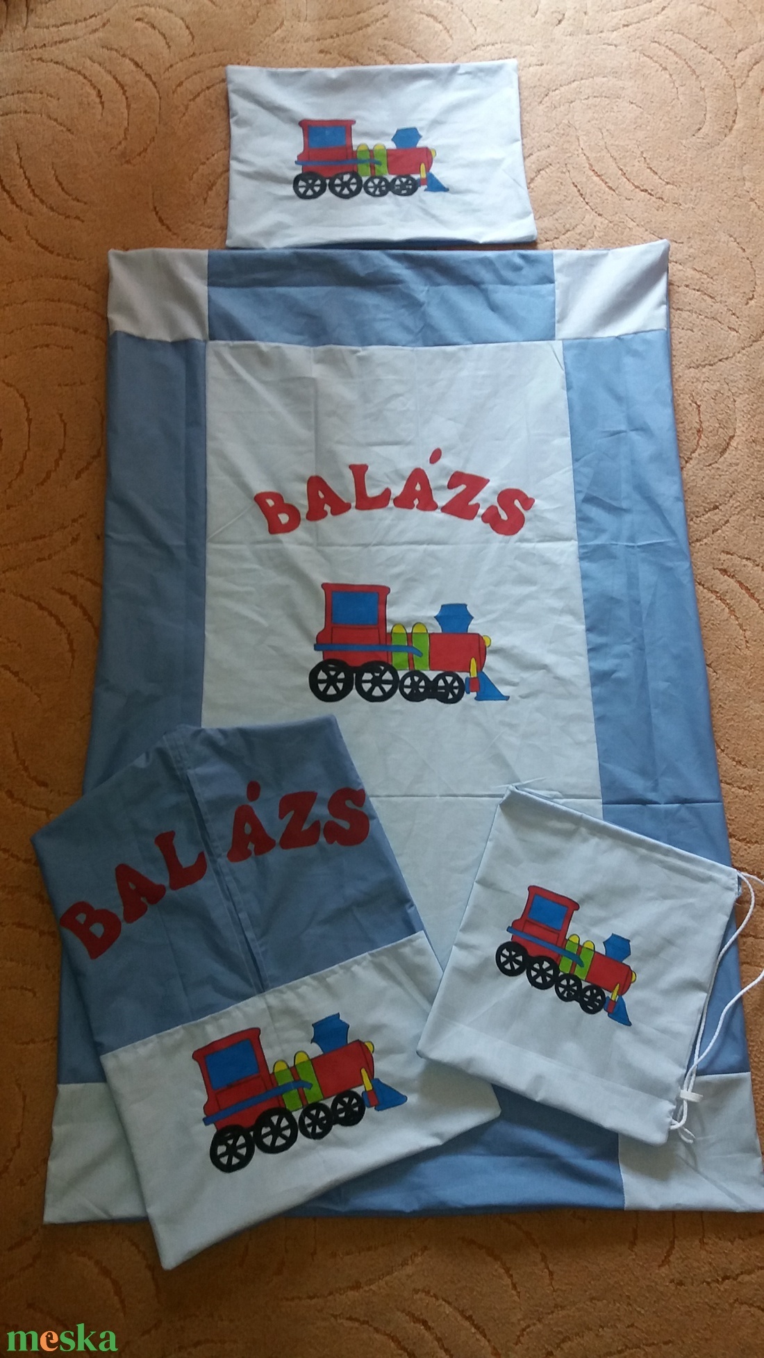 Vonat jellel ovis zsák tornazsák ágyneműhuzat szett - játék & sport - ovis felszerelés - ovis szett - Meska.hu