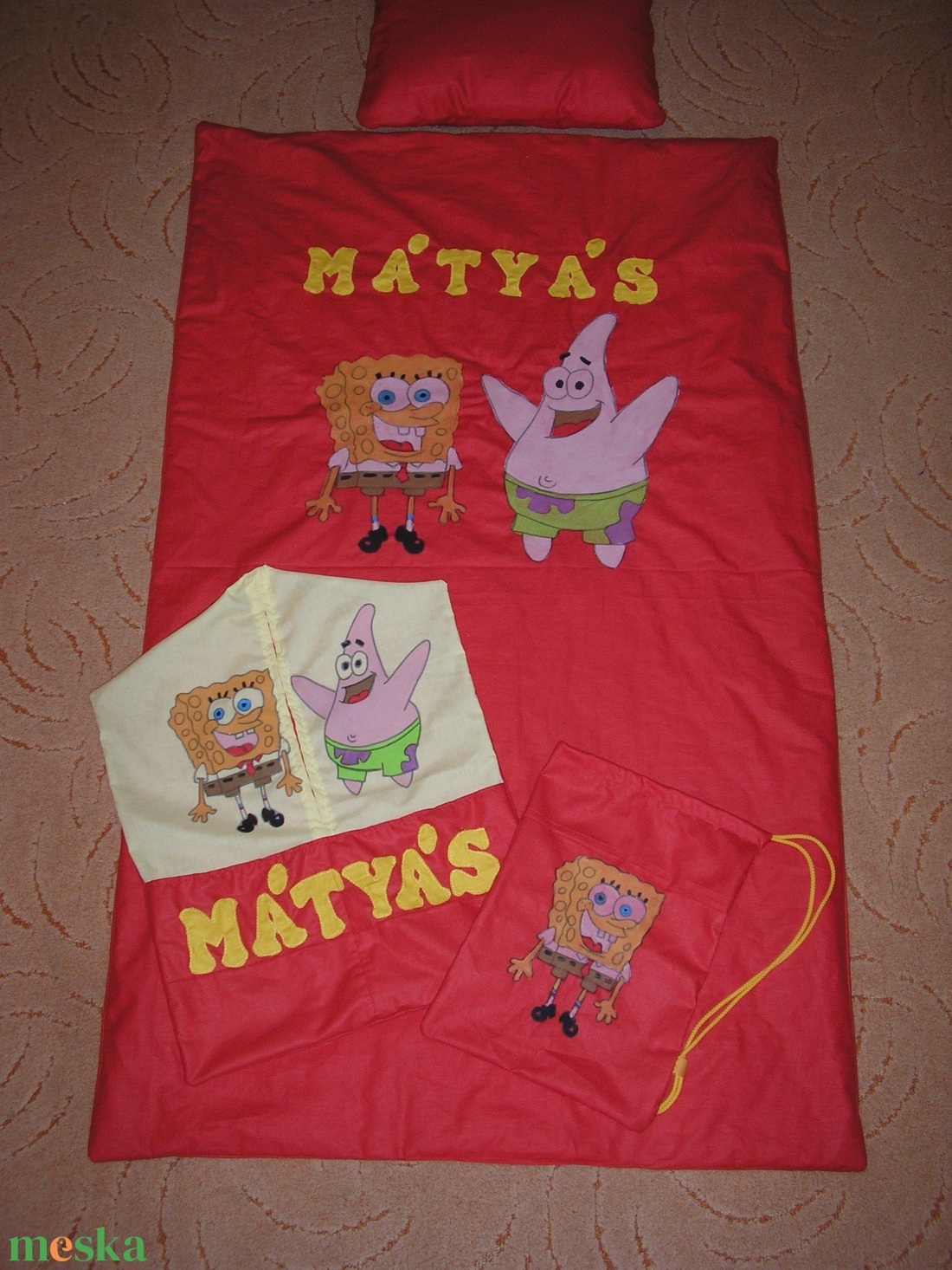 spongyabob ágyneműhuzat oviszsák, tornazsák ovis szett - játék & sport - ovis felszerelés - ovis szett - Meska.hu