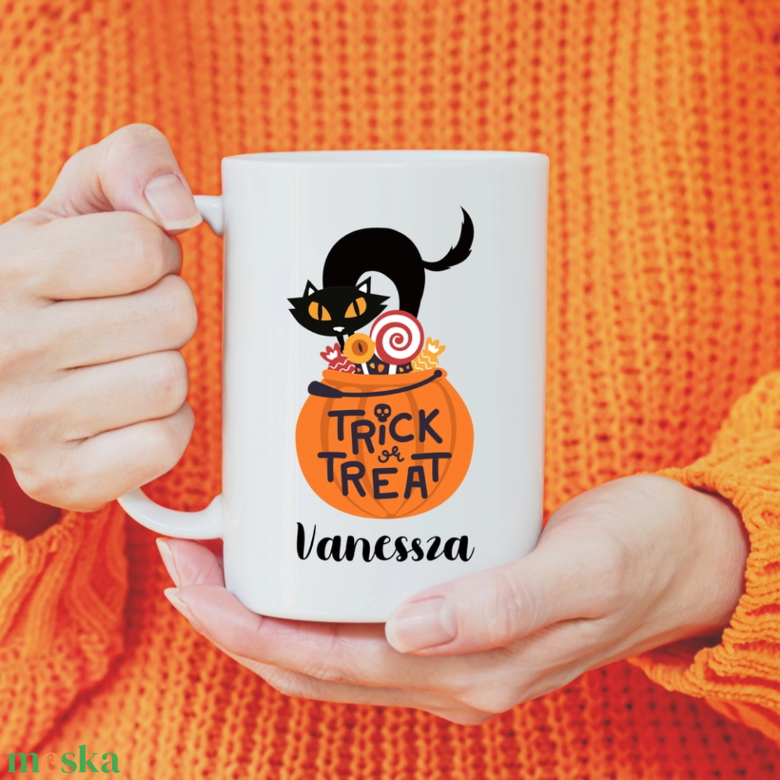 Fekete macskás, Trick or treat feliratú bögre - otthon & életmód - konyhafelszerelés, tálalás - tálalás - bögre & csésze - Meska.hu
