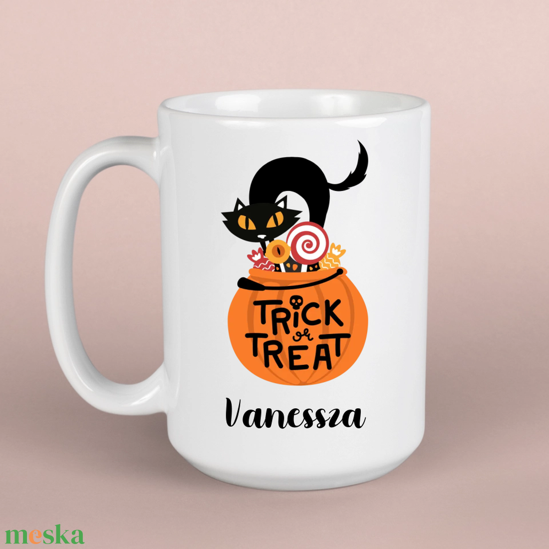 Fekete macskás, Trick or treat feliratú bögre - otthon & életmód - konyhafelszerelés, tálalás - tálalás - bögre & csésze - Meska.hu