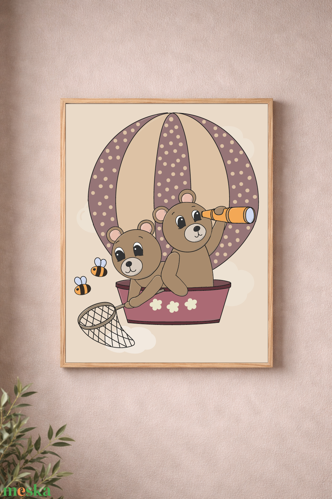 Mesepacni - macik hőlégballonon falikép - gyerekszoba dekoráció (40x50cm) - baba - mama - babaszoba dekoráció - babaszoba kép - Meska.hu