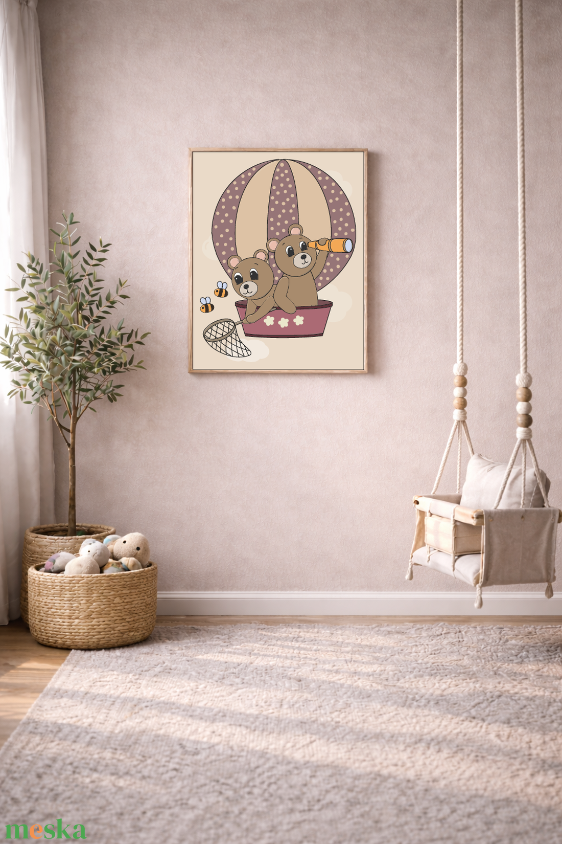 Mesepacni - macik hőlégballonon falikép - gyerekszoba dekoráció (40x50cm) - baba - mama - babaszoba dekoráció - babaszoba kép - Meska.hu