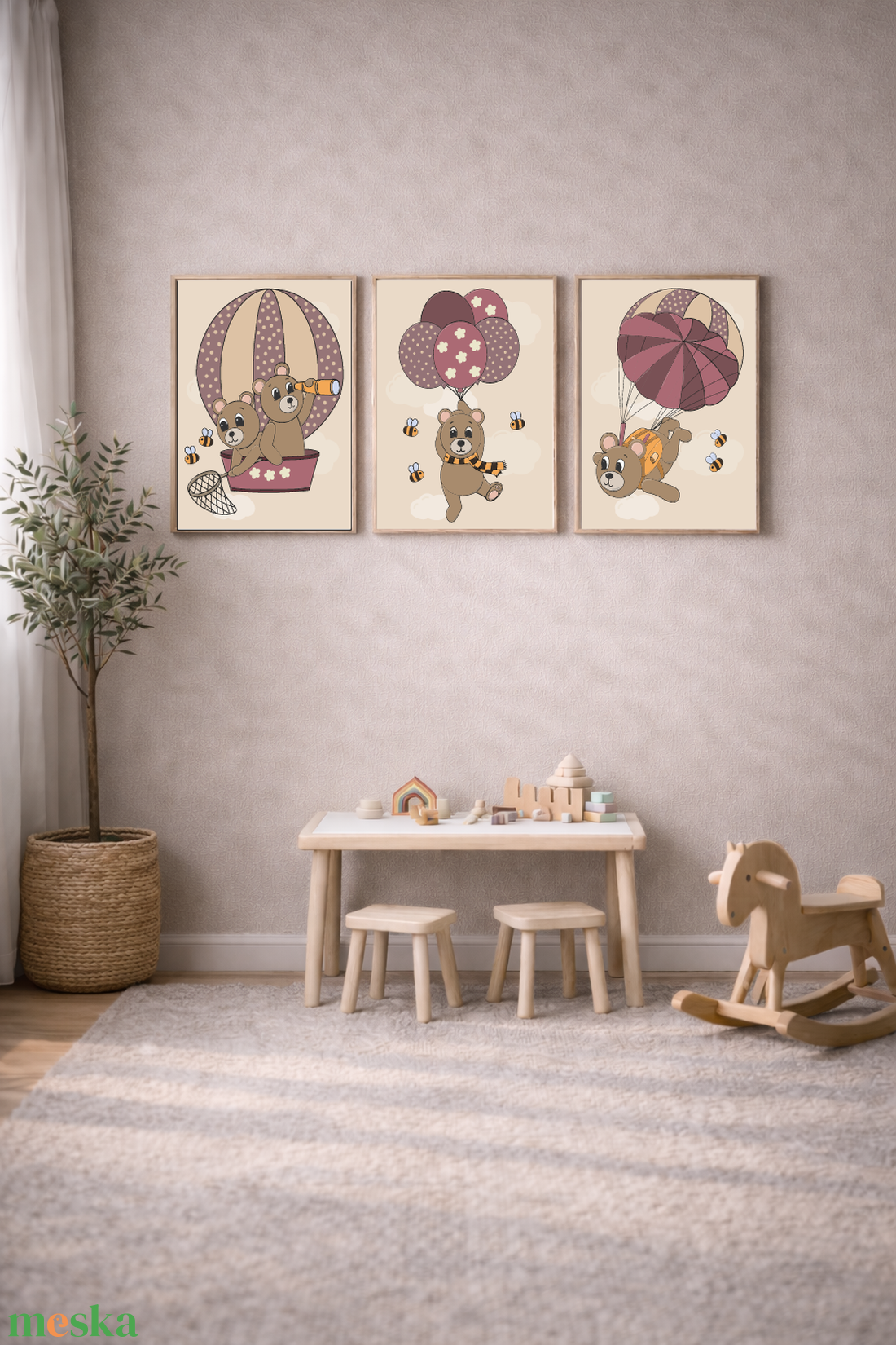 Mesepacni - macik a magasban 3 db-os falikép szett - gyerekszoba dekoráció, hőlégballon, lufi, ejtőernyő (40x50cm) - baba - mama - babaszoba dekoráció - babaszoba kép - Meska.hu
