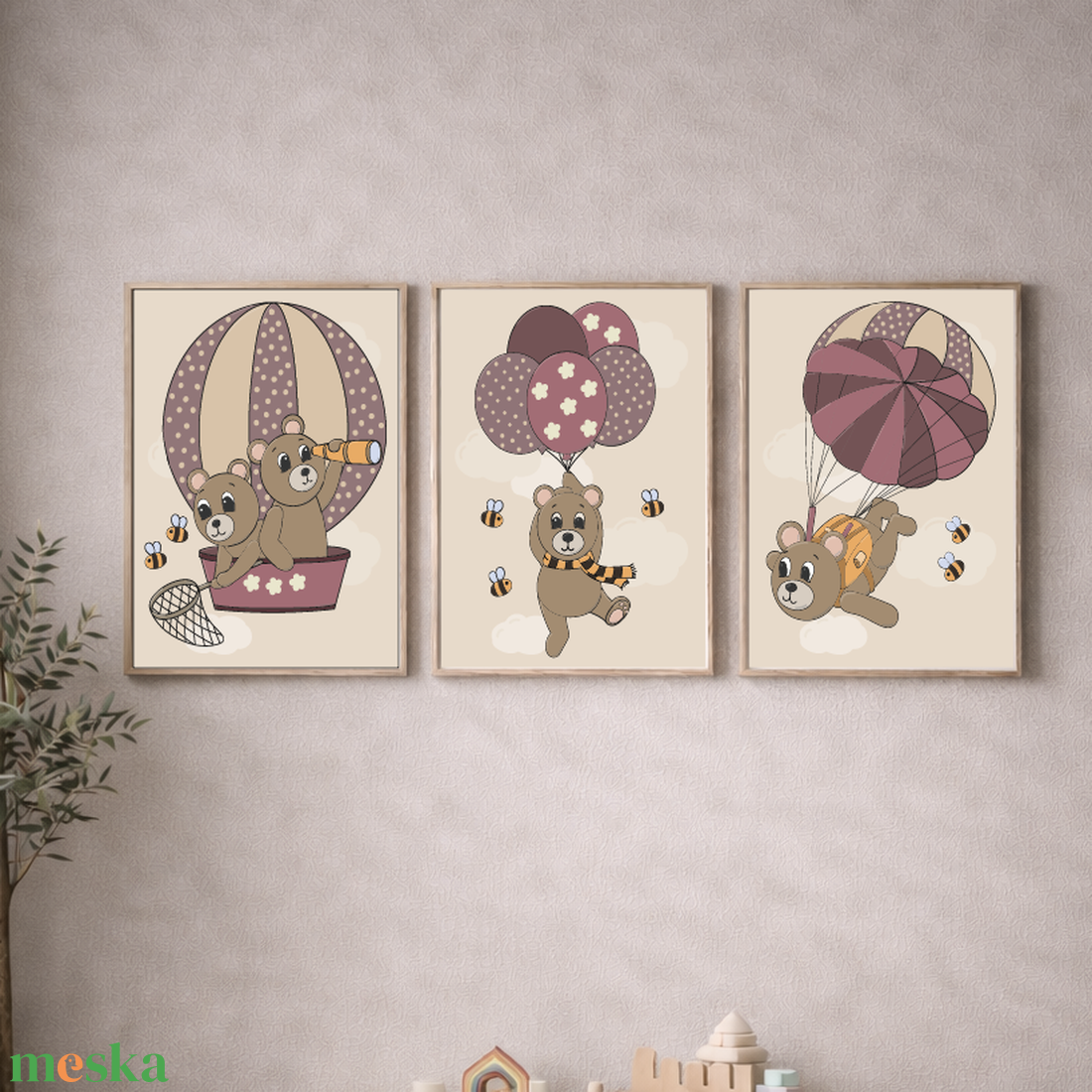 Mesepacni - macik a magasban 3 db-os falikép szett - gyerekszoba dekoráció, hőlégballon, lufi, ejtőernyő (40x50cm) - baba - mama - babaszoba dekoráció - babaszoba kép - Meska.hu