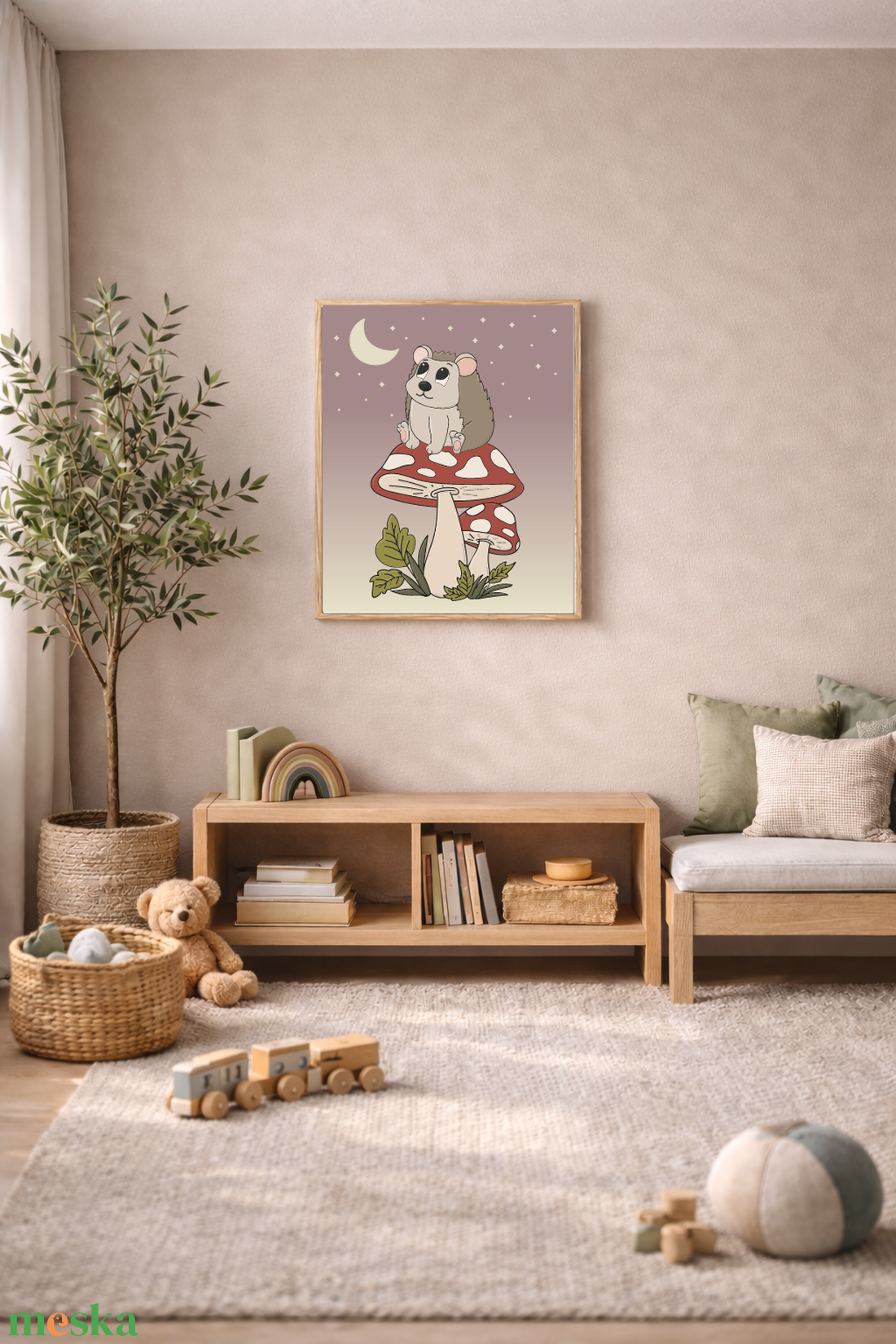 Mesepacni - gombán ülő süni holdfényben falikép - gyerekszoba dekoráció (40x50cm) - baba - mama - babaszoba dekoráció - babaszoba kép - Meska.hu