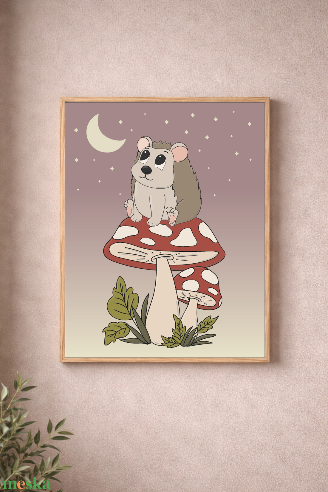 Mesepacni - gombán ülő süni holdfényben falikép - gyerekszoba dekoráció (40x50cm) - baba - mama - babaszoba dekoráció - babaszoba kép - Meska.hu