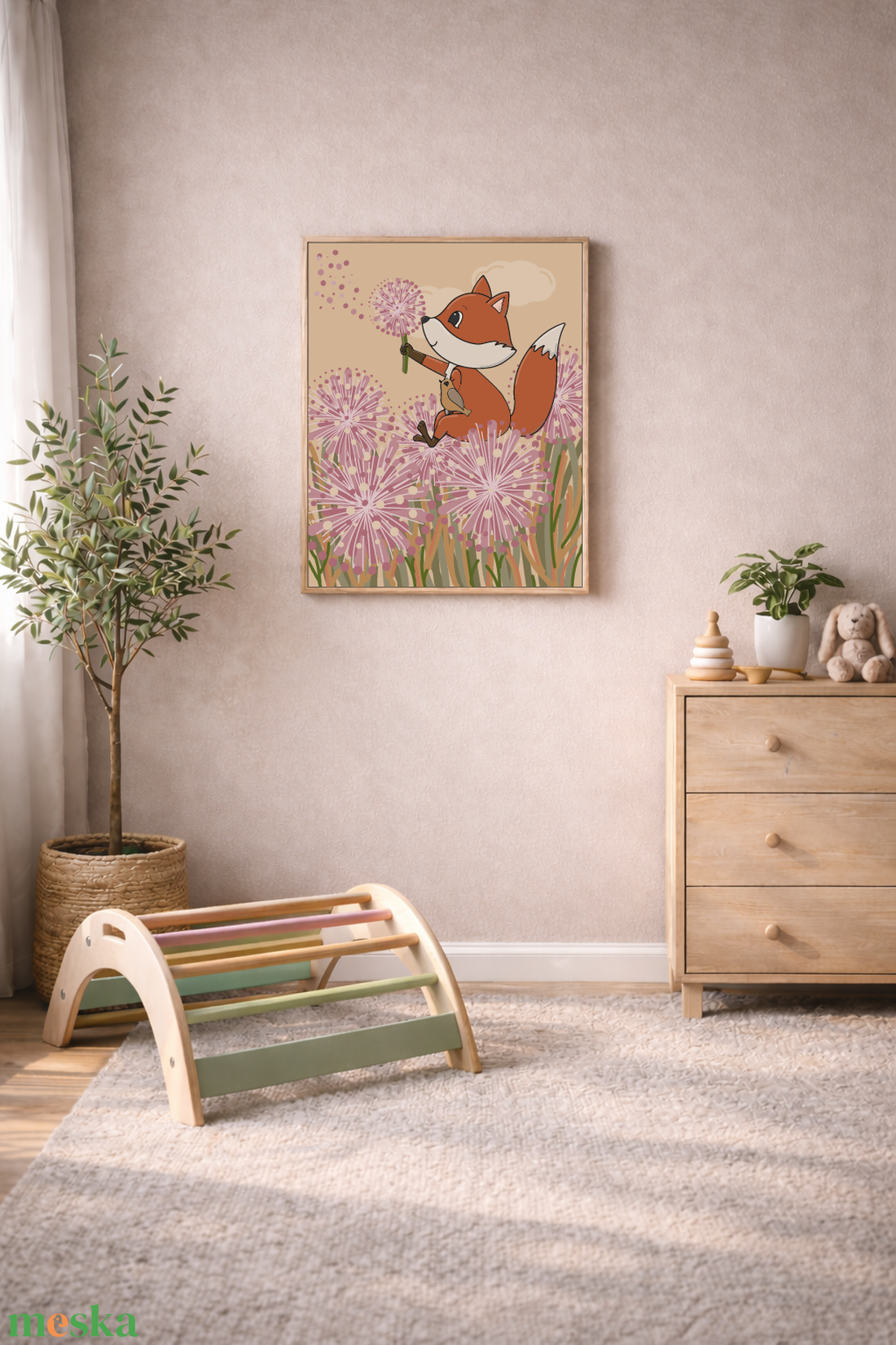 Mesepacni - róka és madár barátsága a pitypangmezőn falikép - gyerekszoba dekoráció (40x50cm) - baba - mama - babaszoba dekoráció - babaszoba kép - Meska.hu