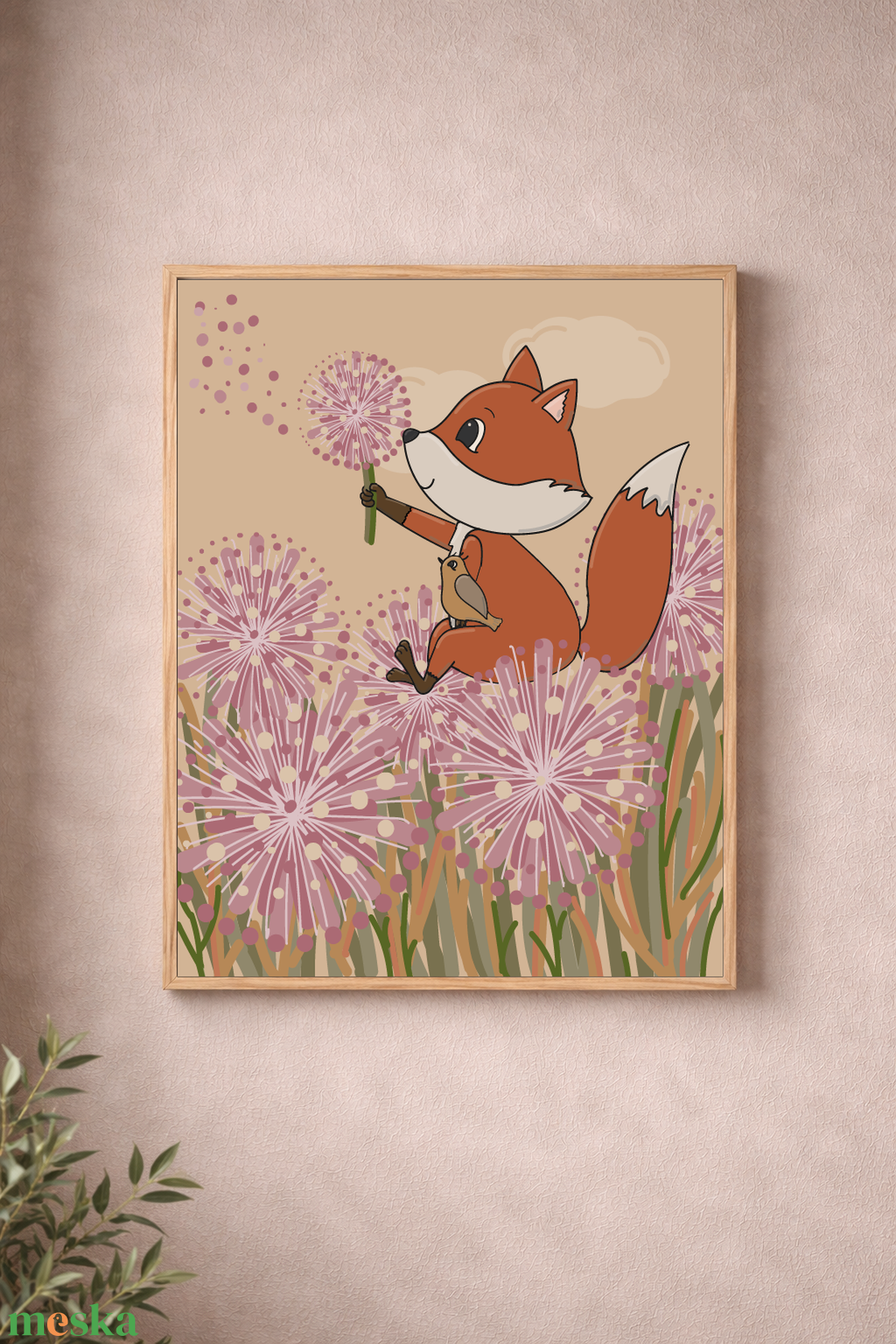 Mesepacni - róka és madár barátsága a pitypangmezőn falikép - gyerekszoba dekoráció (40x50cm) - baba - mama - babaszoba dekoráció - babaszoba kép - Meska.hu