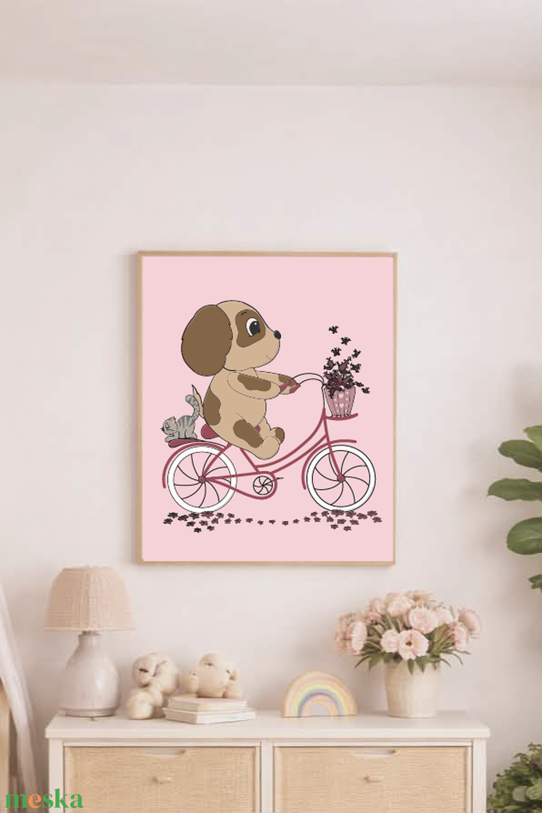 Mesepacni - Bicikliző kiskutya cicával falikép - gyerekszoba dekoráció (40x50cm) - baba - mama - babaszoba dekoráció - babaszoba kép - Meska.hu