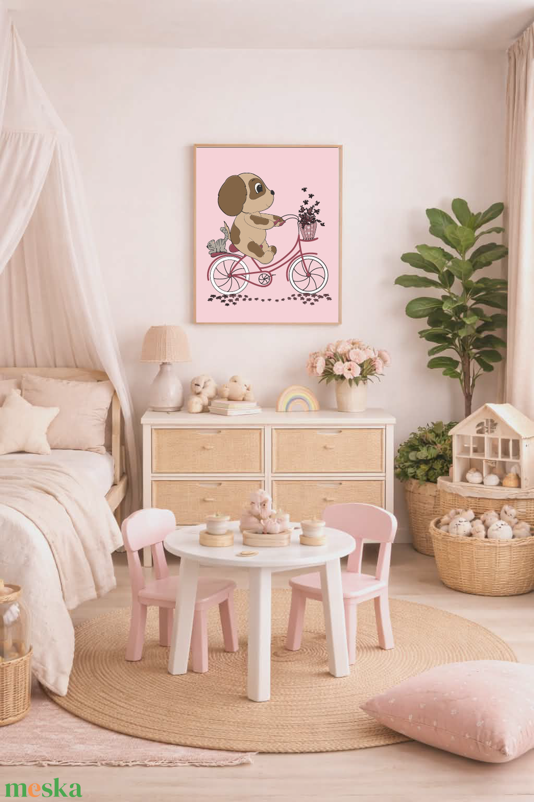Mesepacni - Bicikliző kiskutya cicával falikép - gyerekszoba dekoráció (40x50cm) - baba - mama - babaszoba dekoráció - babaszoba kép - Meska.hu