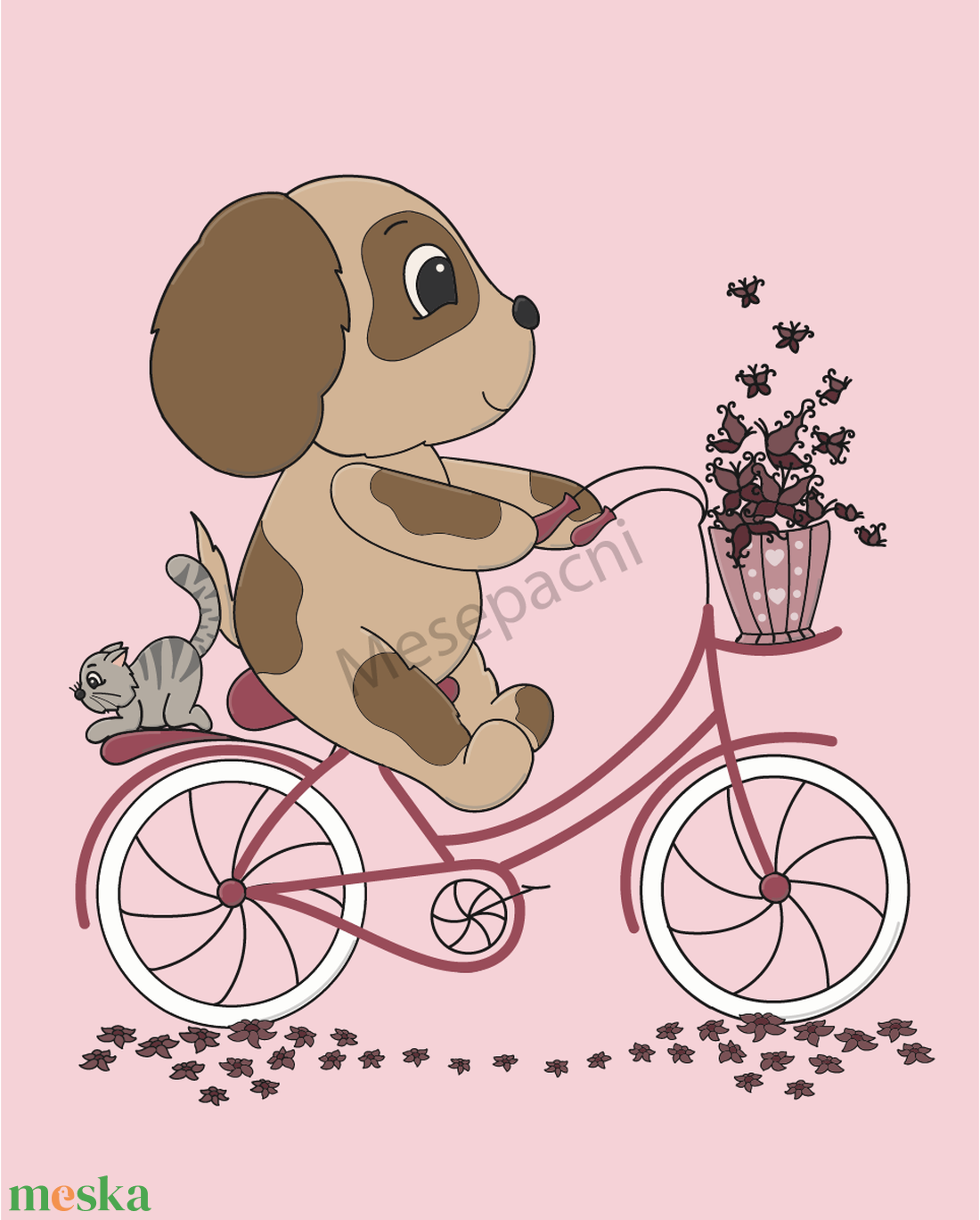 Mesepacni - Bicikliző kiskutya cicával falikép - gyerekszoba dekoráció (40x50cm) - baba - mama - babaszoba dekoráció - babaszoba kép - Meska.hu