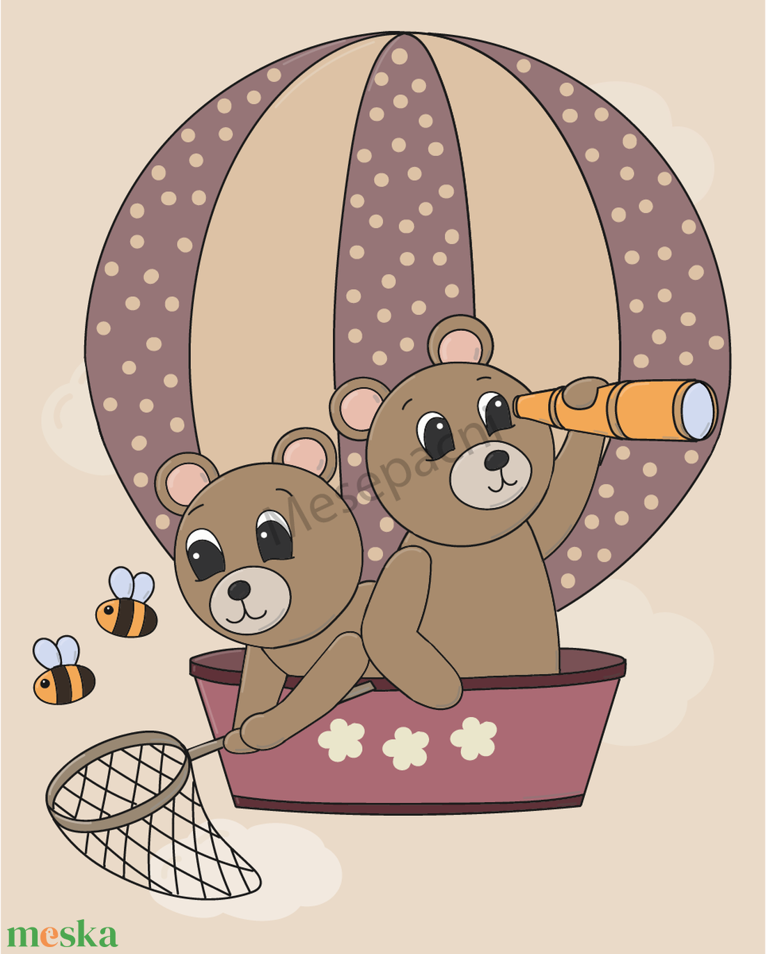 Mesepacni - macik hőlégballonon falikép - gyerekszoba dekoráció (40x50cm) - baba - mama - babaszoba dekoráció - babaszoba kép - Meska.hu