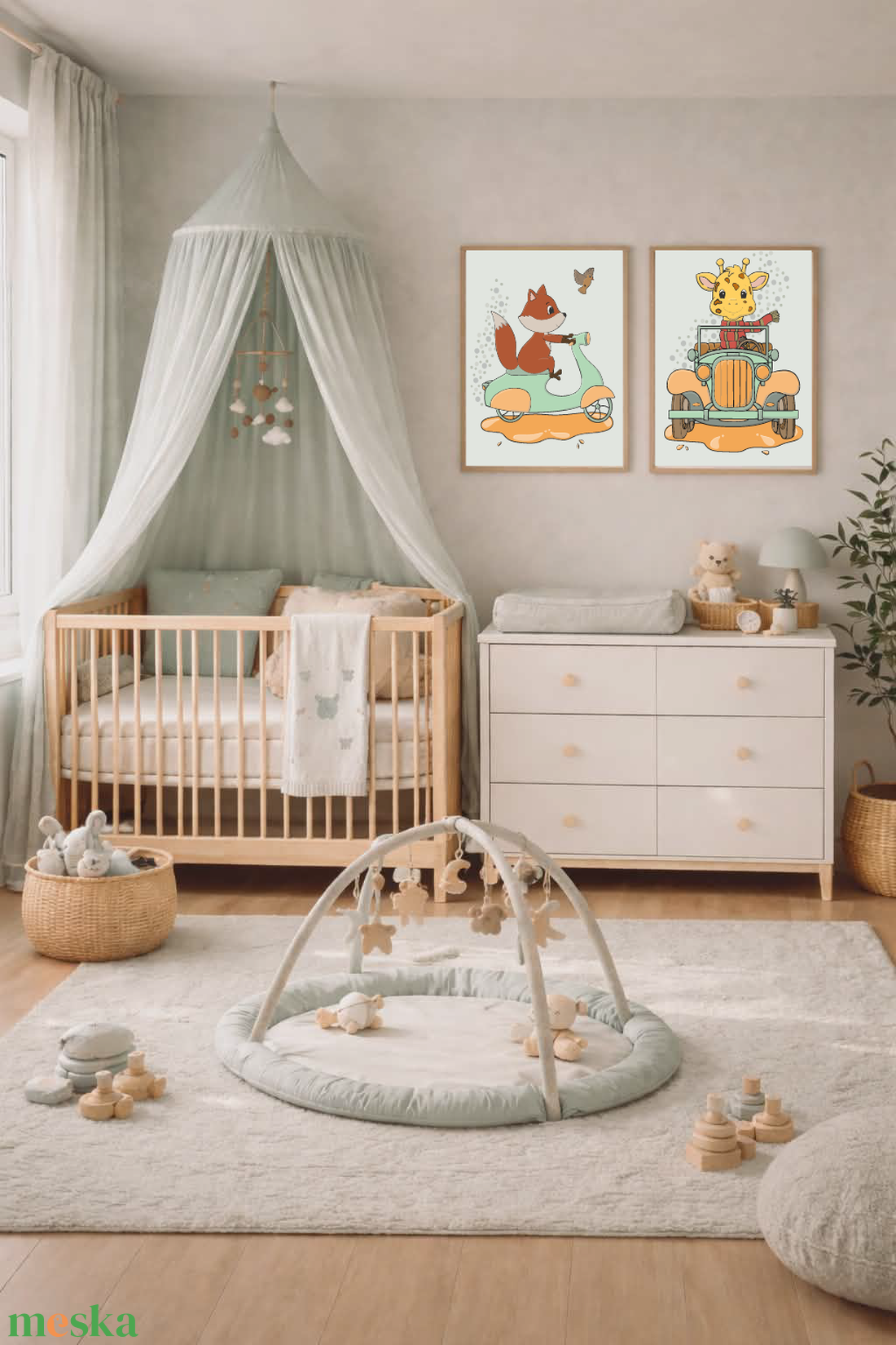 Mesepacni falikép szett - róka robogón és zsiráf autóval - babaszoba dekoráció (2 db, 40x50cm)  - baba - mama - babaszoba dekoráció - babaszoba kép - Meska.hu