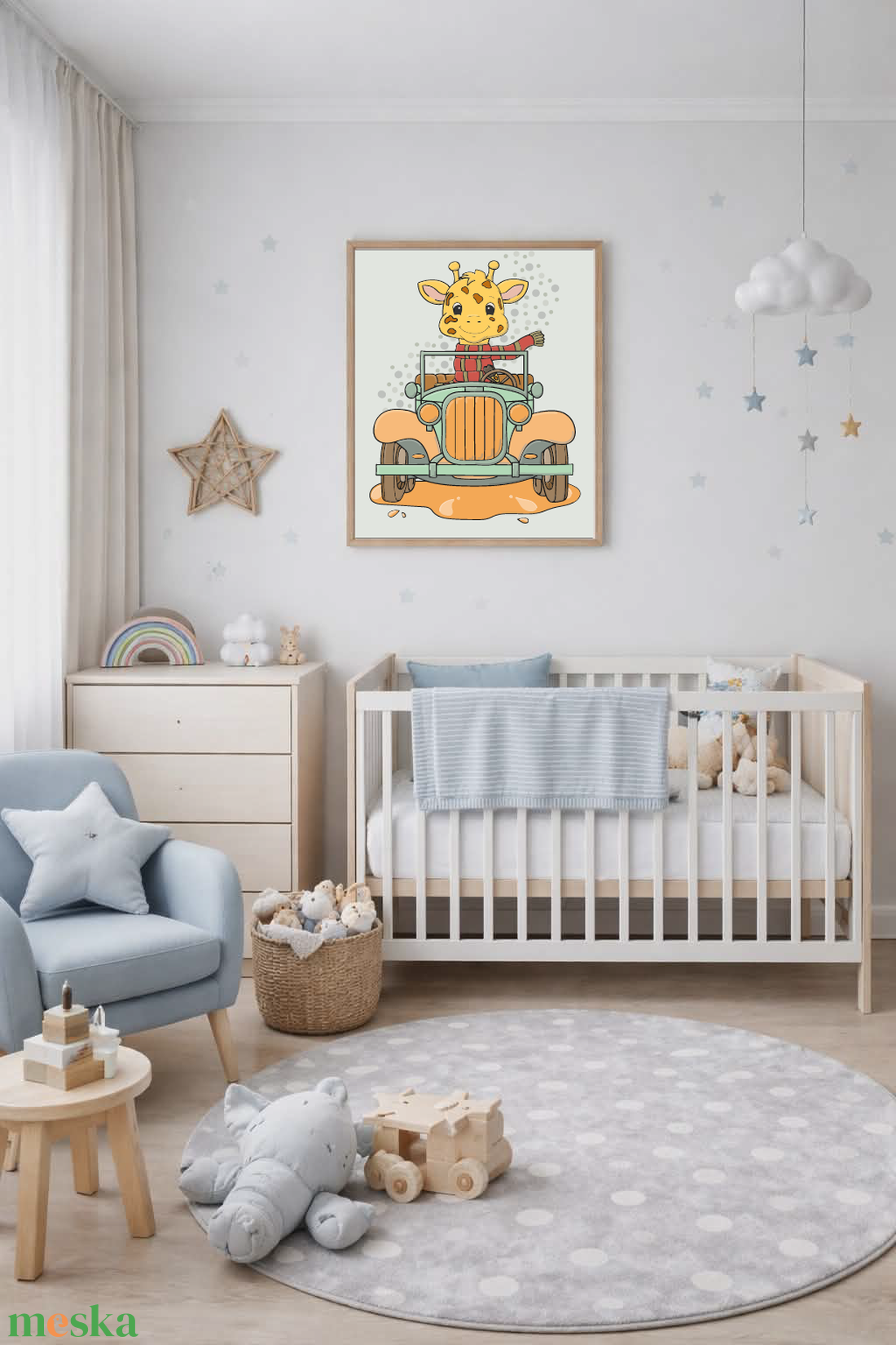 Mesepacni - zsiráf kisautóval - gyerekszoba falikép ��(40x50cm) - baba - mama - babaszoba dekoráció - babaszoba kép - Meska.hu