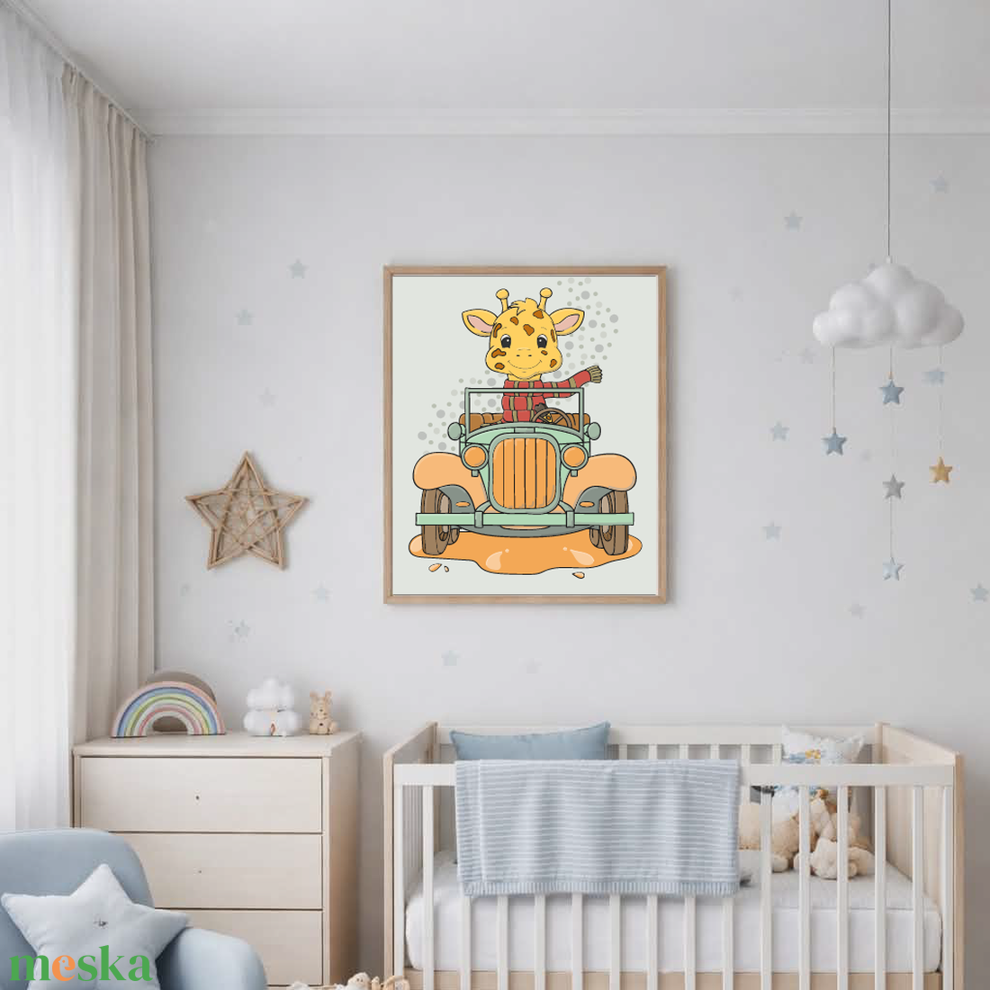 Mesepacni - zsiráf kisautóval - gyerekszoba falikép ��(40x50cm) - baba - mama - babaszoba dekoráció - babaszoba kép - Meska.hu