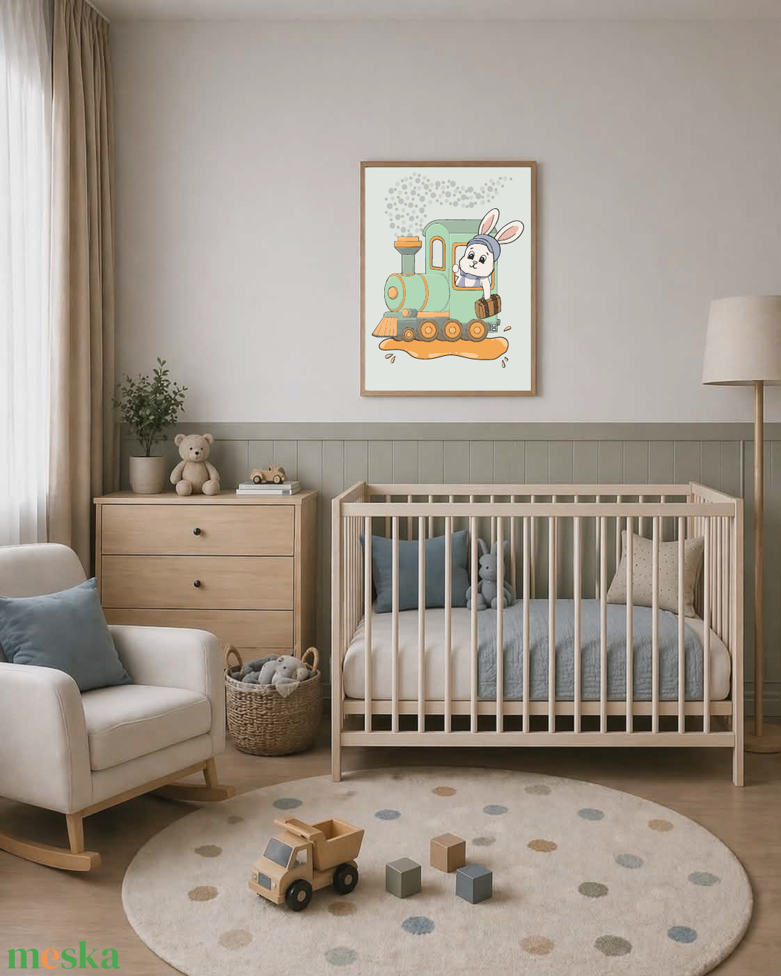 Mesepacni - nyuszi a vonaton falikép - cuki gyerekszoba dekoráció (40x50cm) - baba - mama - babaszoba dekoráció - babaszoba kép - Meska.hu