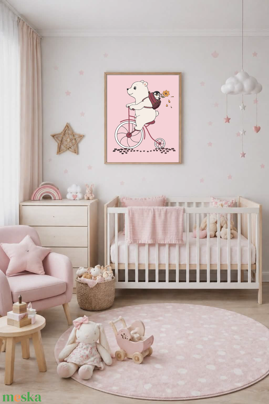 Mesepacni - Jegesmedve biciklin - gyerekszoba falikép, aranyos állatos illusztráció, pingvines dekoráció (40x50 cm) - baba - mama - babaszoba dekoráció - babaszoba kép - Meska.hu