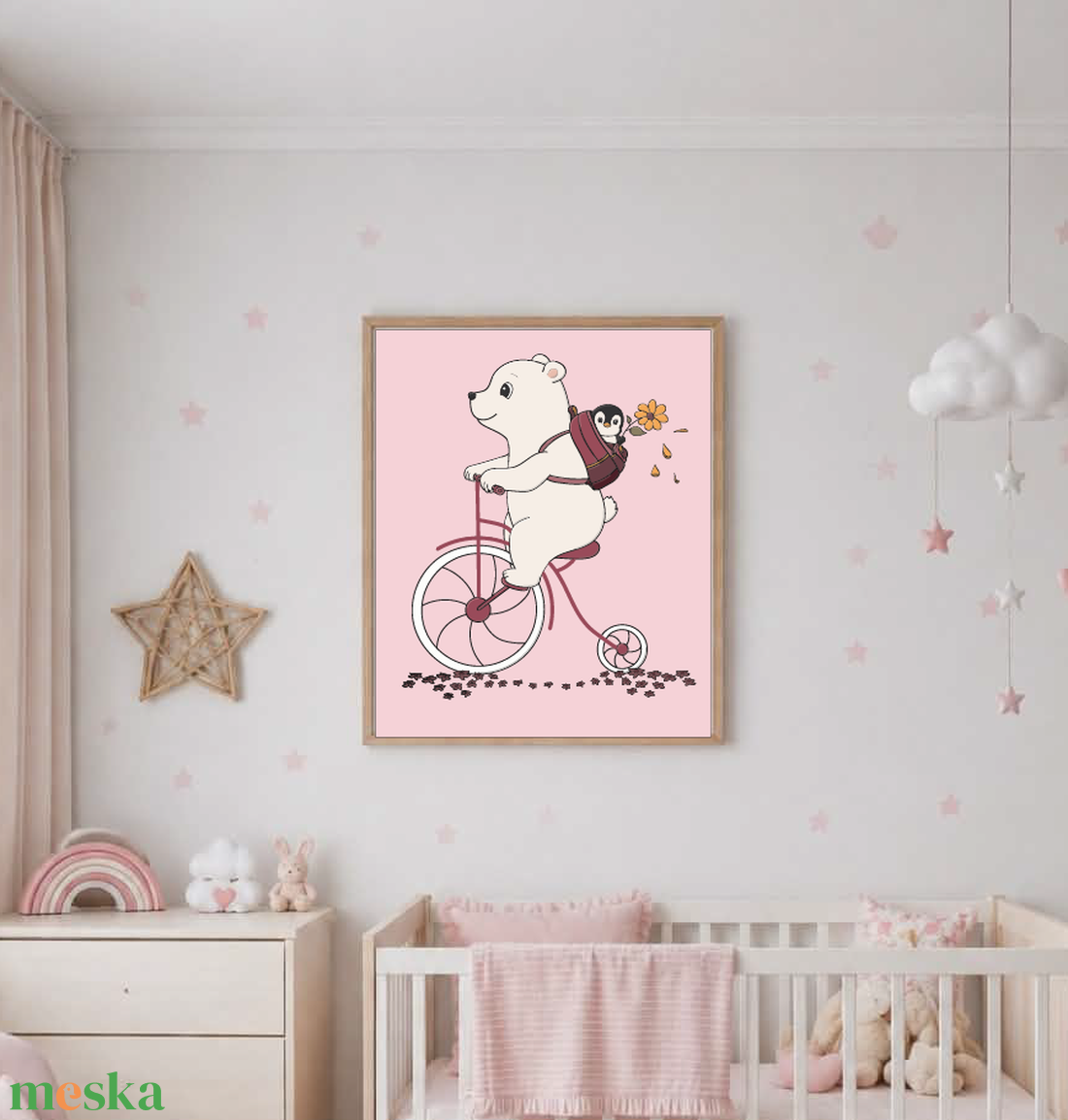 Mesepacni - Jegesmedve biciklin - gyerekszoba falikép, aranyos állatos illusztráció, pingvines dekoráció (40x50 cm) - baba - mama - babaszoba dekoráció - babaszoba kép - Meska.hu