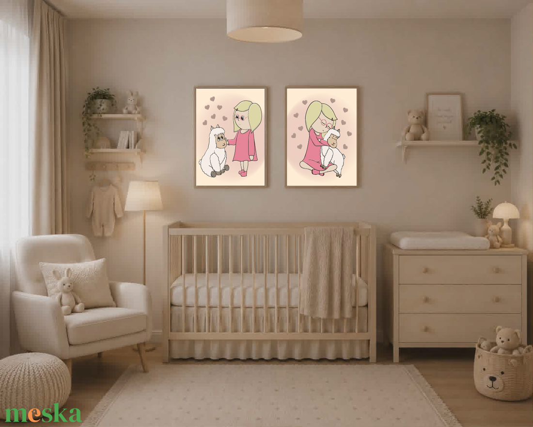 Mesepacni - Kislány és láma falikép szett (2 db) - szeretet, ölelés - gyerekszoba dekoráció, mesés illusztráció - baba - mama - babaszoba dekoráció - babaszoba kép - Meska.hu