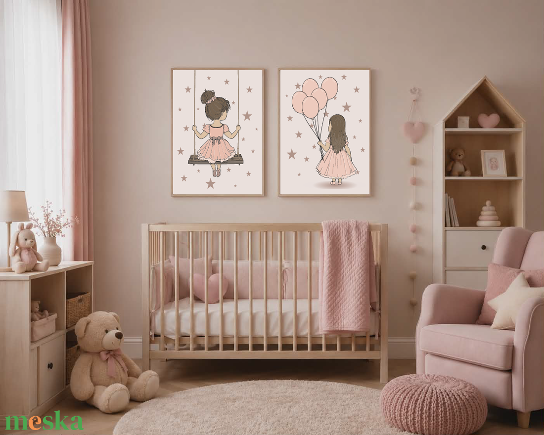 Mesepacni - Álmodozó kislányok falikép szett (2 db) - hinta, lufik és csillagok, baba- és gyerekszoba dekor - baba - mama - babaszoba dekoráció - babaszoba kép - Meska.hu