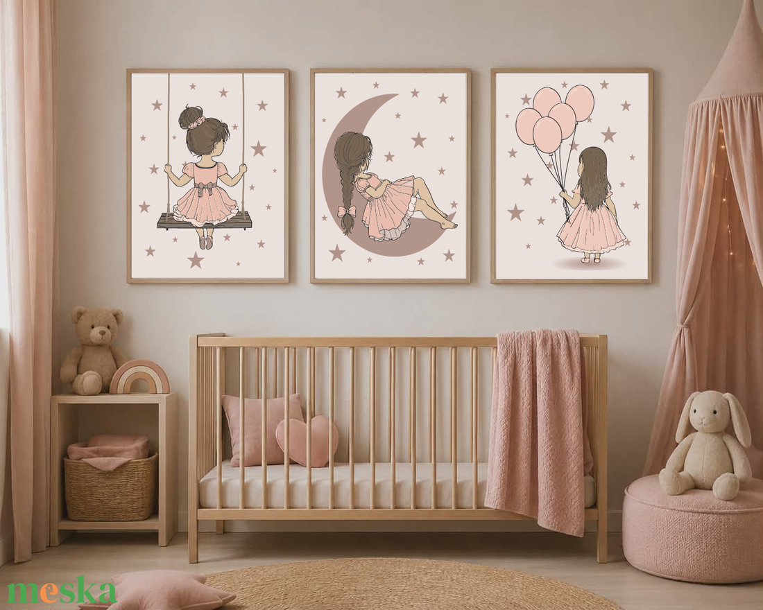 Mesepacni - Álomösvény kollekció - 3 részes kislány falikép szett - Hold, hinta és lufik - pasztell babaszoba dekoráció - baba - mama - babaszoba dekoráció - babaszoba kép - Meska.hu