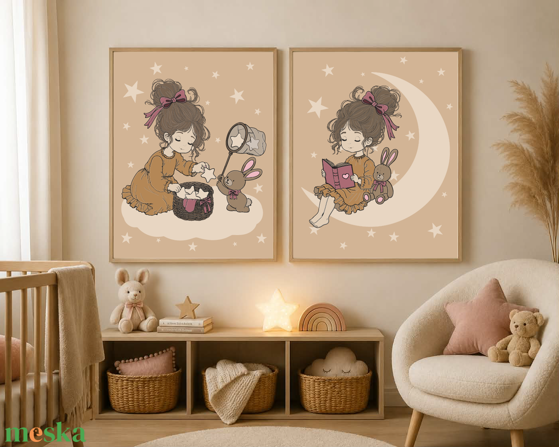 Mesepacni - Csillaggyűjtő álmok - 2 részes gyerekszoba falikép szett - kislány, nyuszi, hold és csillagok - baba - mama - babaszoba dekoráció - babaszoba kép - Meska.hu