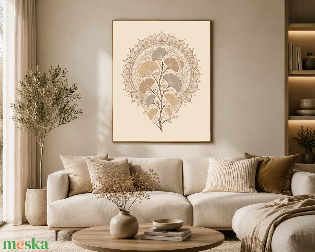Mesepacni Home - Bézs ginkgo falikép - Elegáns dekoráció nappaliba és hálószobába - Modern mandala stílus - otthon & életmód - dekoráció - kép & falikép - poszter - Meska.hu