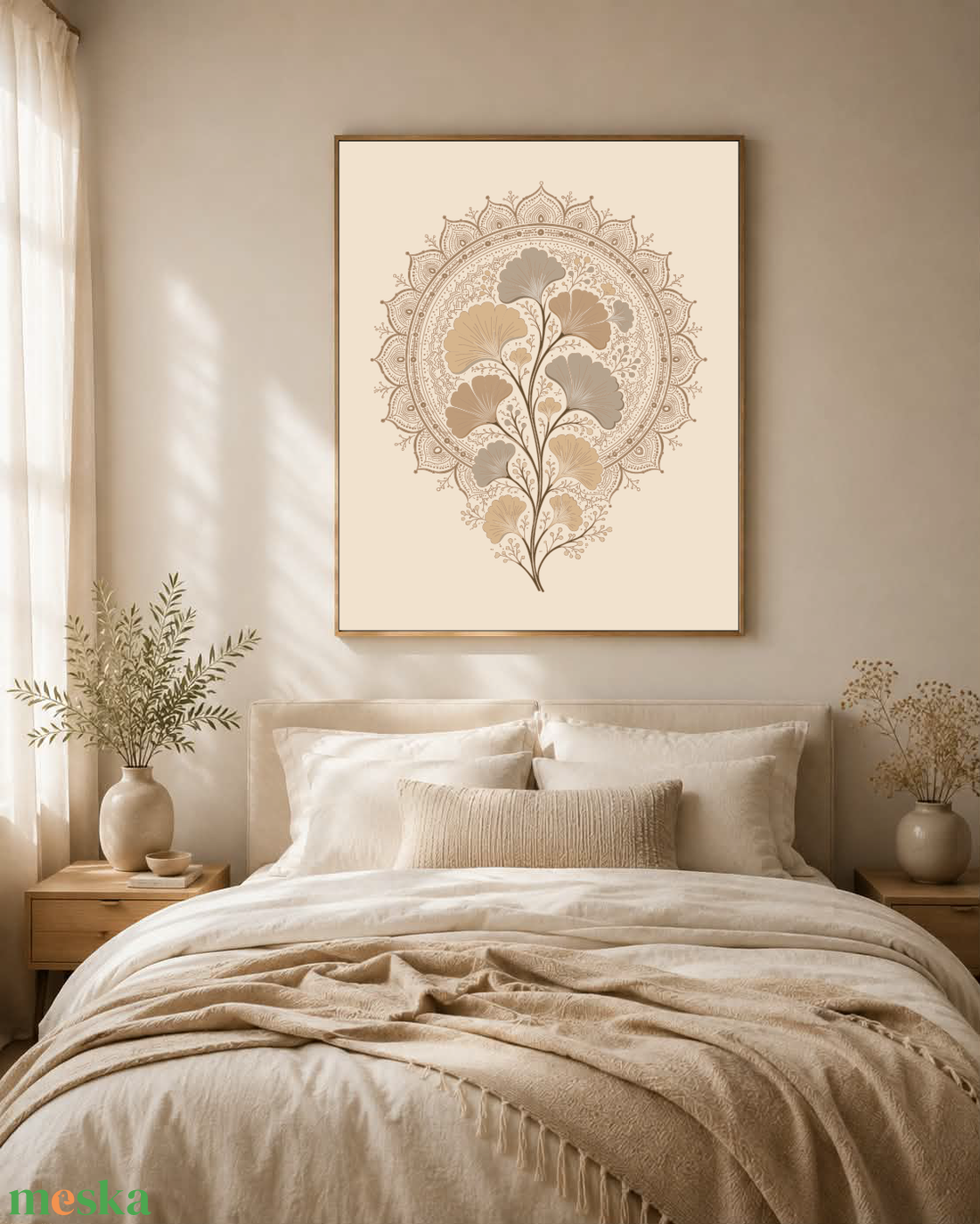 Mesepacni Home - Bézs ginkgo falikép - Elegáns dekoráció nappaliba és hálószobába - Modern mandala stílus - otthon & életmód - dekoráció - kép & falikép - poszter - Meska.hu