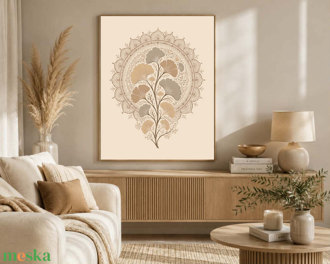 Mesepacni Home - Bézs ginkgo falikép - Elegáns dekoráció nappaliba és hálószobába - Modern mandala stílus - otthon & életmód - dekoráció - kép & falikép - poszter - Meska.hu