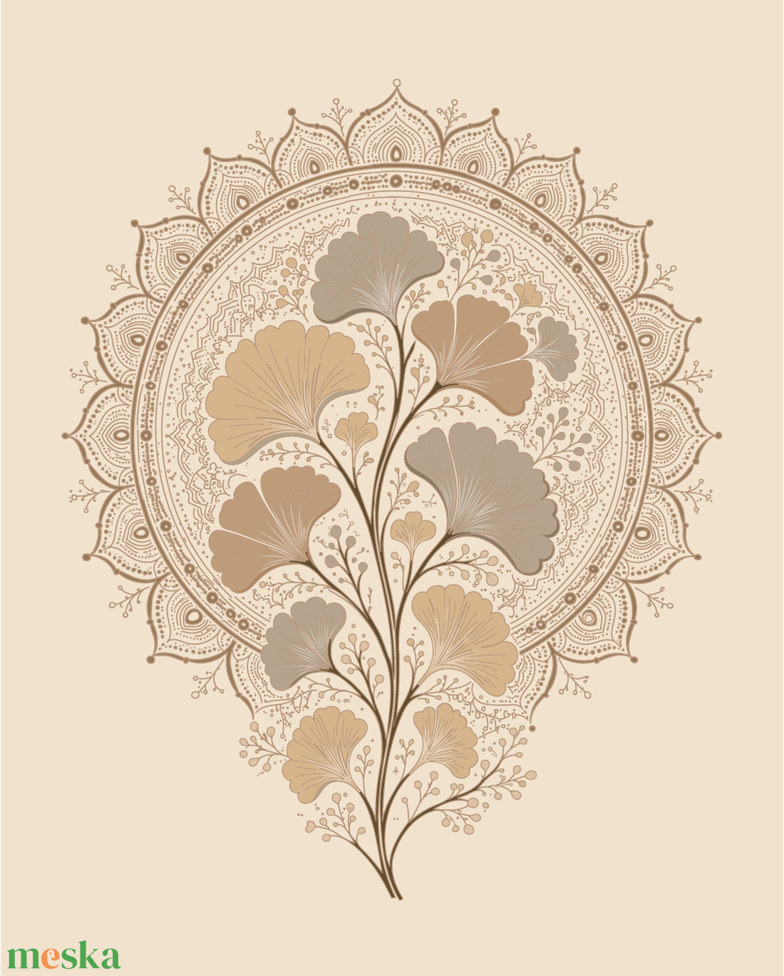 Mesepacni Home - Bézs ginkgo falikép - Elegáns dekoráció nappaliba és hálószobába - Modern mandala stílus - otthon & életmód - dekoráció - kép & falikép - poszter - Meska.hu
