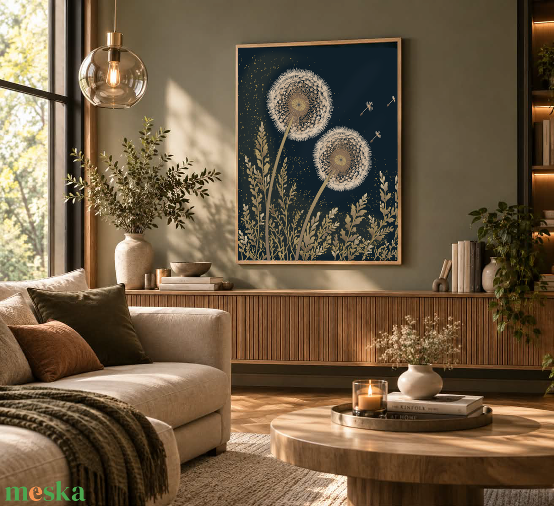 Mesepacni Home - Arany pitypang falikép - elegáns botanikai dekoráció sötétkék háttérrel - otthon & életmód - dekoráció - kép & falikép - poszter - Meska.hu