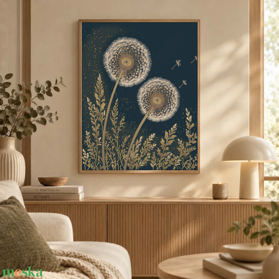 Mesepacni Home - Arany pitypang falikép - elegáns botanikai dekoráció sötétkék háttérrel - otthon & életmód - dekoráció - kép & falikép - poszter - Meska.hu
