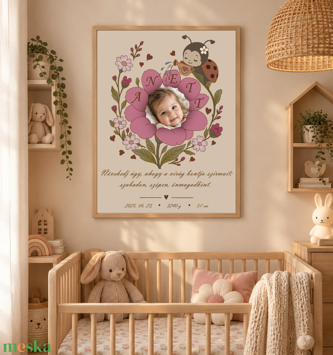 Katicás virágos emlékkép-Személyre szabható születési kép lányoknak, névvel, idézettel, fotóval vagy anélkül, 40x50 cm - baba - mama - babaszoba dekoráció - babaszoba kép - Meska.hu