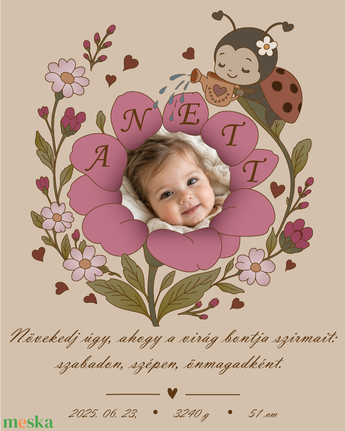 Katicás virágos emlékkép-Személyre szabható születési kép lányoknak, névvel, idézettel, fotóval vagy anélkül, 40x50 cm - baba - mama - babaszoba dekoráció - babaszoba kép - Meska.hu