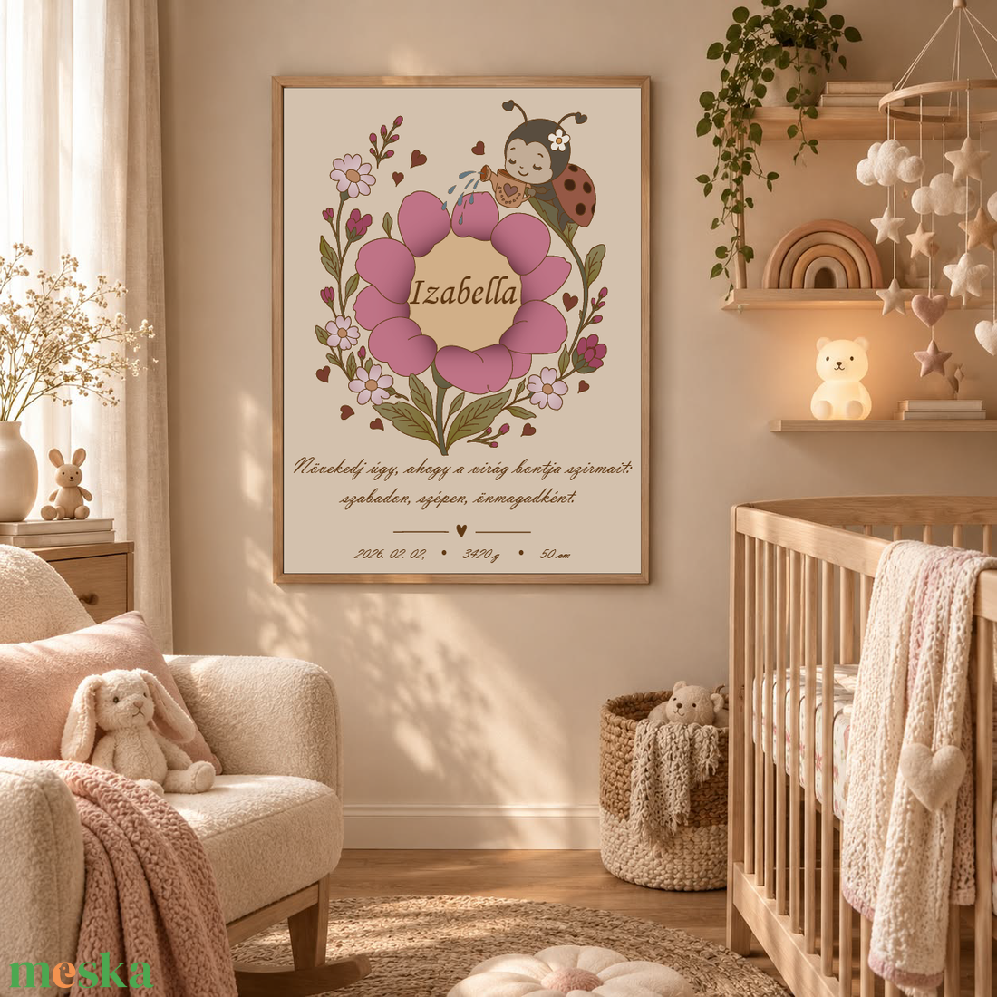 Katicás virágos emlékkép-Személyre szabható születési kép lányoknak, névvel, idézettel, fotóval vagy anélkül, 40x50 cm - baba - mama - babaszoba dekoráció - babaszoba kép - Meska.hu