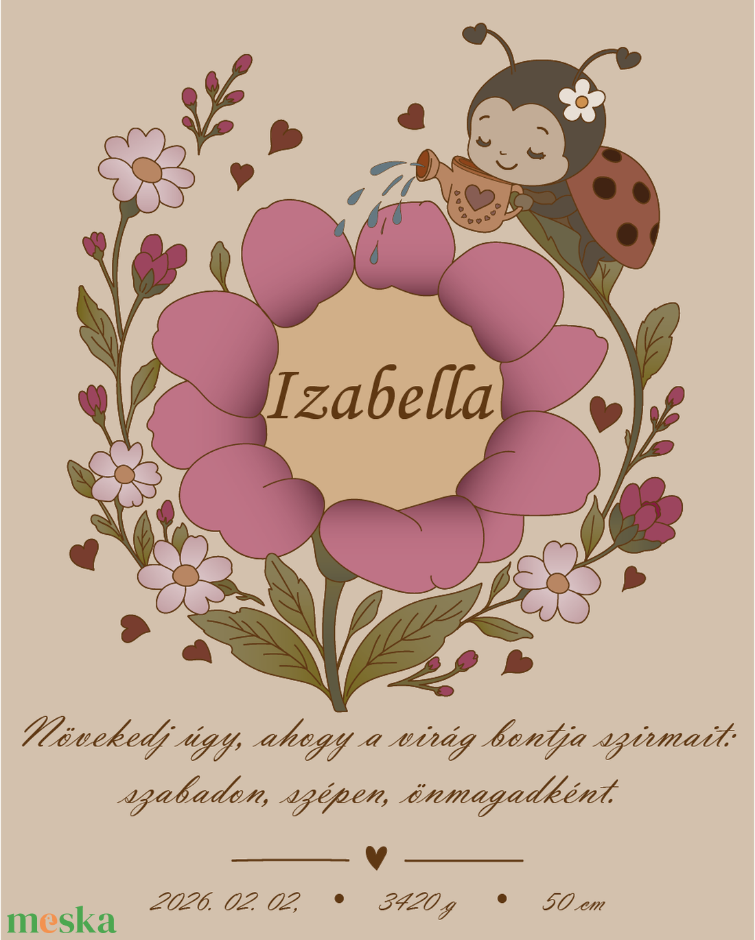 Katicás virágos emlékkép-Személyre szabható születési kép lányoknak, névvel, idézettel, fotóval vagy anélkül, 40x50 cm - baba - mama - babaszoba dekoráció - babaszoba kép - Meska.hu