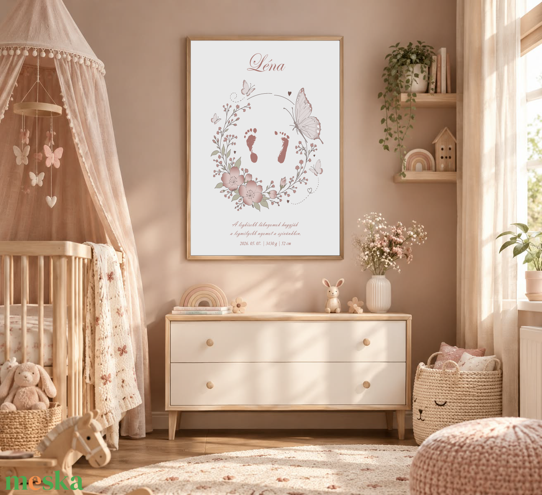 Mesepacni-Egyedi baba talp-kéznyomatos emlékkép virágokkal, pillangókkal � személyre szabott születési poszter 40�50 cm - baba - mama - babaszoba dekoráció - babaszoba kép - Meska.hu