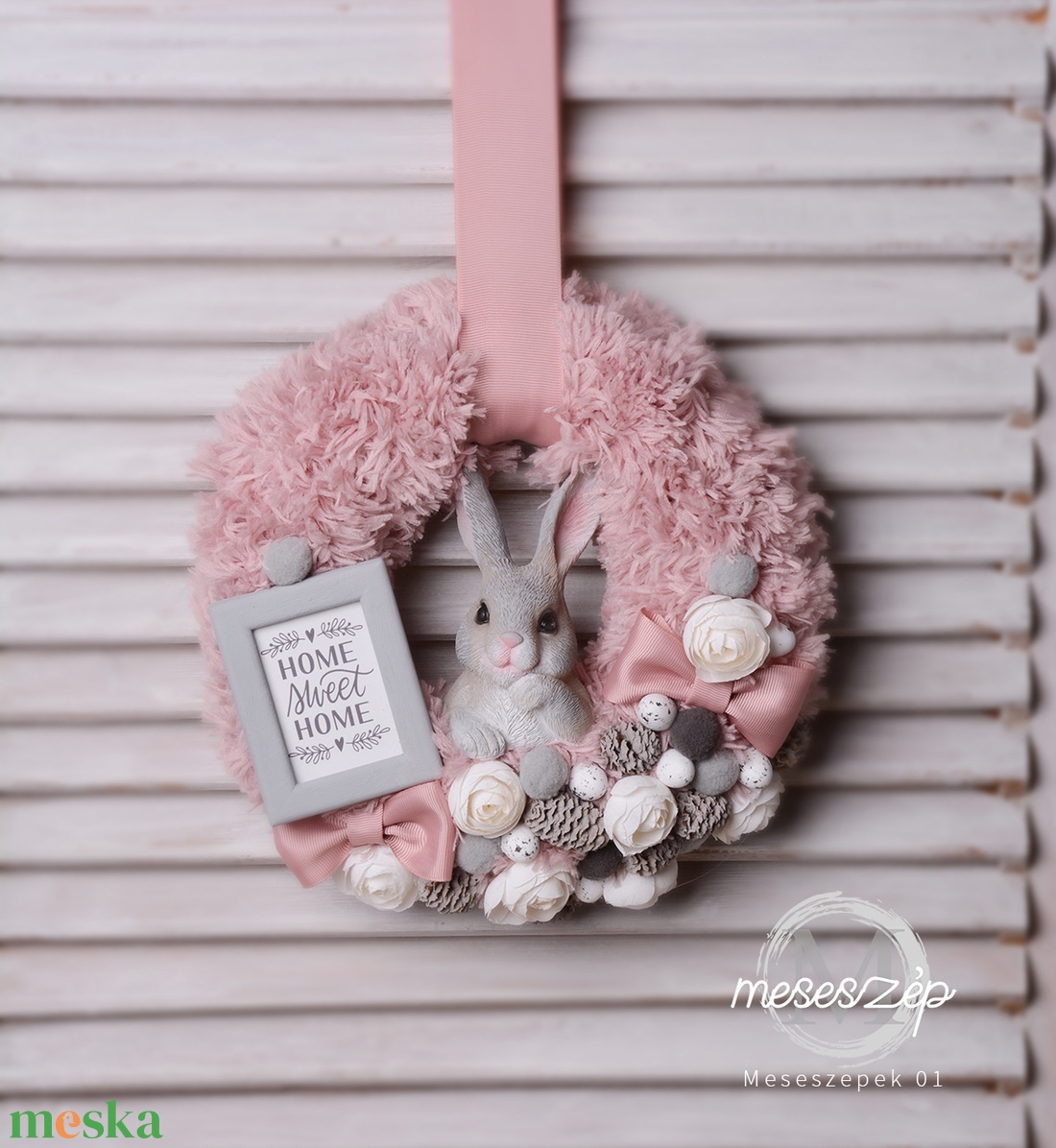 Hűsvéti Cuki nyuszi HOME sweet home - ünnepi díszek, dekorációk - húsvéti díszek és dekorációk - húsvéti ajtódísz, kopogtató - Meska.hu