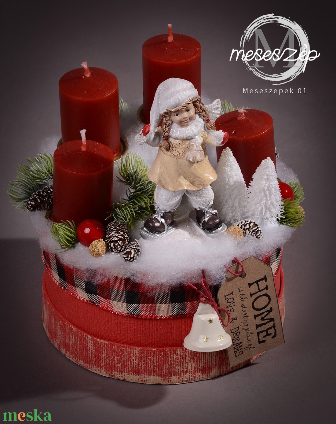 Adventi asztaldísz piros gyertyával - karácsony - adventi díszek - adventi asztaldísz - Meska.hu