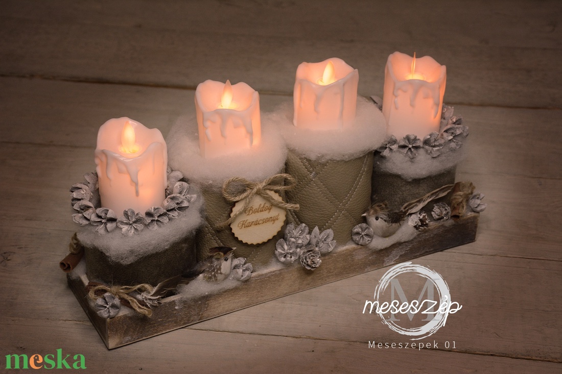 Adventi dísz led gyertyákkal  karácsonyi asztaldísz - karácsony - adventi díszek - adventi asztaldísz - Meska.hu