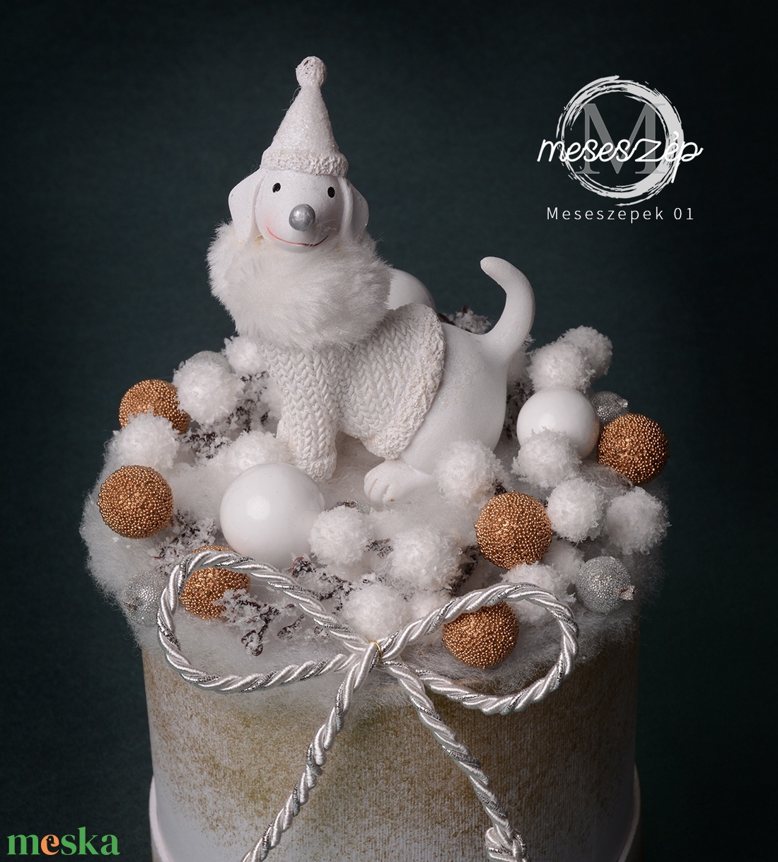 Téli fehér kutya   karácsonyi asztaldísz - karácsony - karácsonyi lakásdekoráció - karácsonyi manók, figurák - Meska.hu